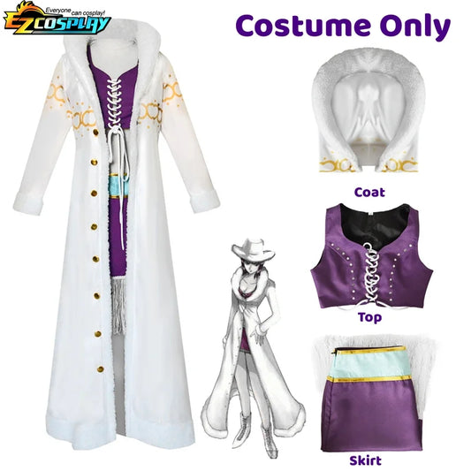 Nico Robin Cosplay Costume Anime One Piece Purple Dress Uniform Long Fur Collar White Cloak Punk Outfit Halloween for Adult