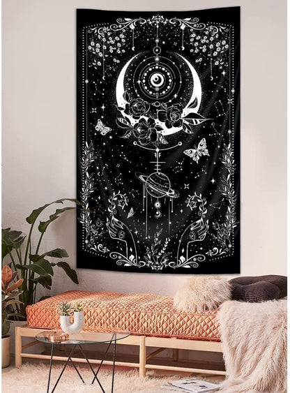 Gothic Tapestry Goth Vertical 30Wx50H Inch Wiccan Moon Floral Black White Witch Psychedelic Stars Mystic Bohemian Aesthetic Planet Celestial Wall Hanging Bedroom Living Room Wall Home Decor