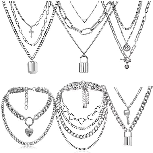 Sterling Silver Necklace Sliver Chain Necklace E Girl Men Goth Chains Punk Necklace for Women E Boy Long Multi Layer Chains 6PCS