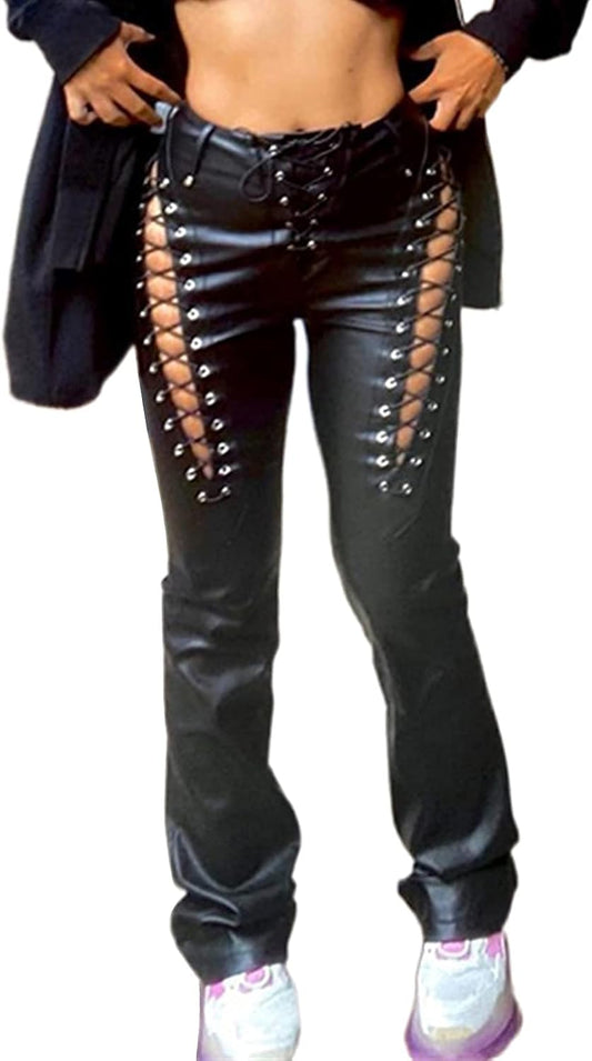 Women Sexy Cut Out Gothic Punk Y2K PU Pants Hollow Out Faux Leather Leggings Lace up Trousers Streetwear Black