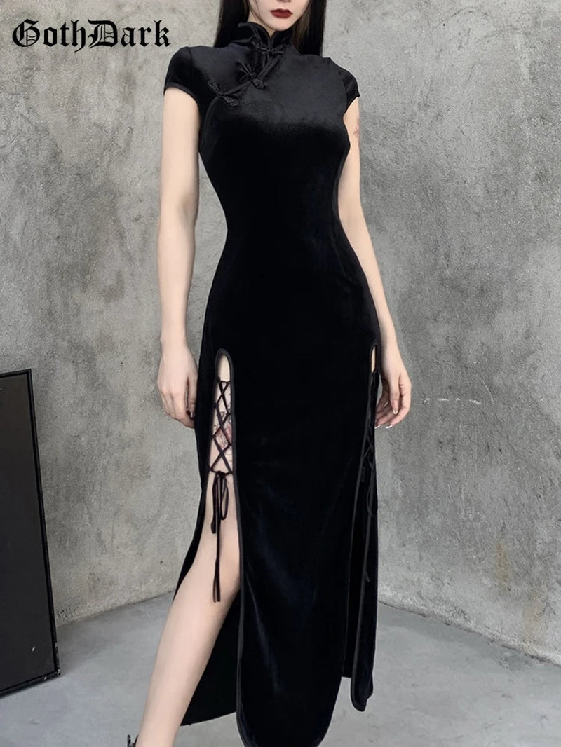 Romantic Gothic Velvet Aesthetic Dresses Vintage Women Black Bandage Slithem Bodycon Dress Sexy Evening Wear Cheongsam