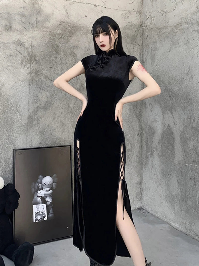 Romantic Gothic Velvet Aesthetic Dresses Vintage Women Black Bandage Slithem Bodycon Dress Sexy Evening Wear Cheongsam