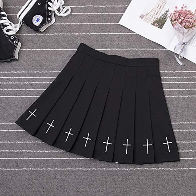 Women'S Kpop Fashion Pleated Mini Skirt Gothic Punk Black Cross Embroidery Skirt