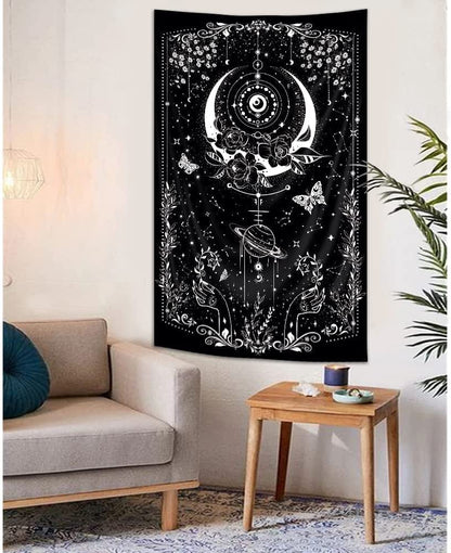 Gothic Tapestry Goth Vertical 30Wx50H Inch Wiccan Moon Floral Black White Witch Psychedelic Stars Mystic Bohemian Aesthetic Planet Celestial Wall Hanging Bedroom Living Room Wall Home Decor