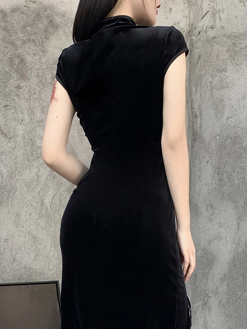 Romantic Gothic Velvet Aesthetic Dresses Vintage Women Black Bandage Slithem Bodycon Dress Sexy Evening Wear Cheongsam