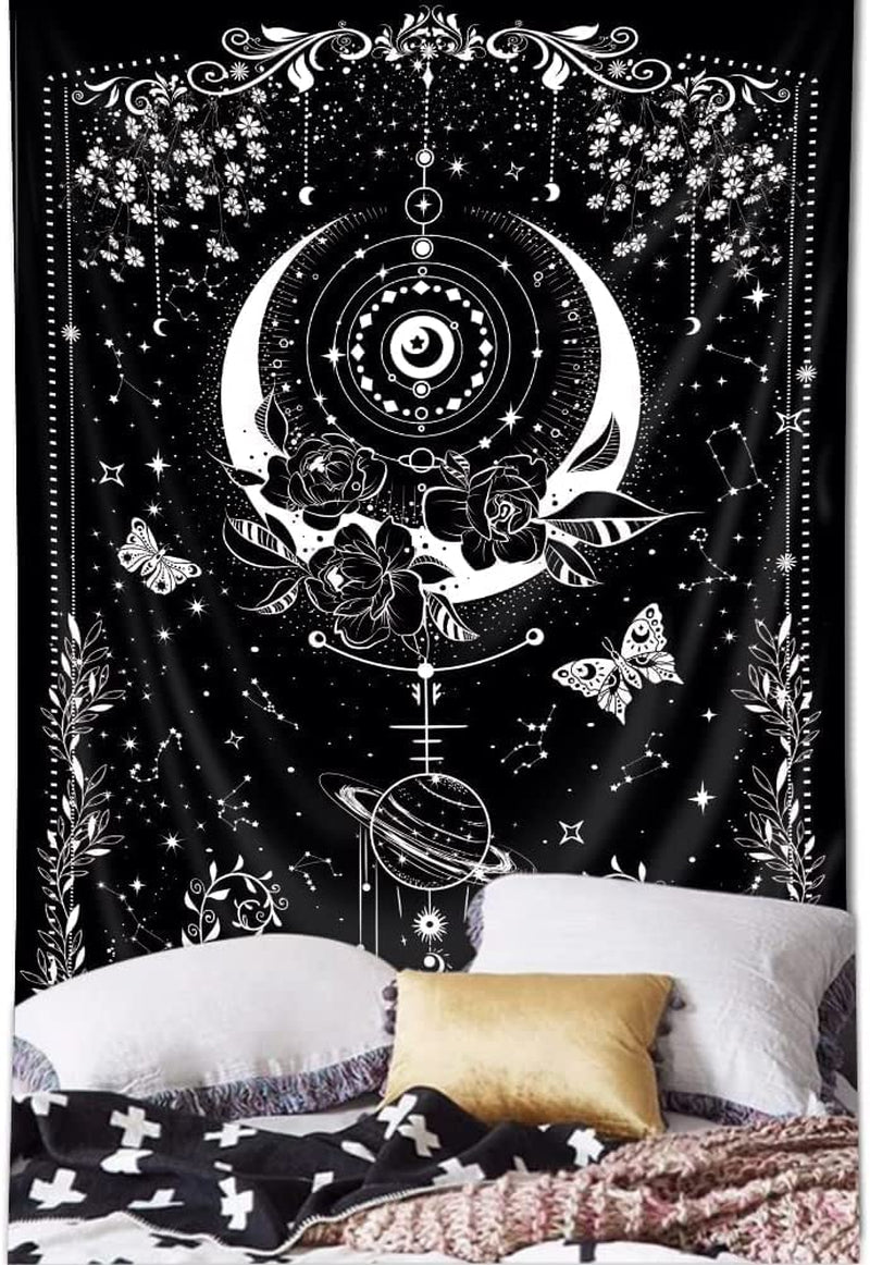 Gothic Tapestry Goth Vertical 30Wx50H Inch Wiccan Moon Floral Black White Witch Psychedelic Stars Mystic Bohemian Aesthetic Planet Celestial Wall Hanging Bedroom Living Room Wall Home Decor