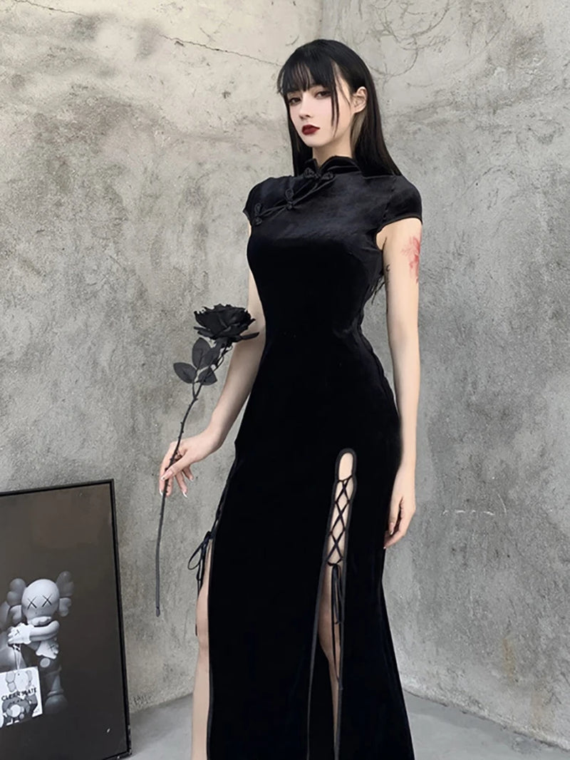 Romantic Gothic Velvet Aesthetic Dresses Vintage Women Black Bandage Slithem Bodycon Dress Sexy Evening Wear Cheongsam