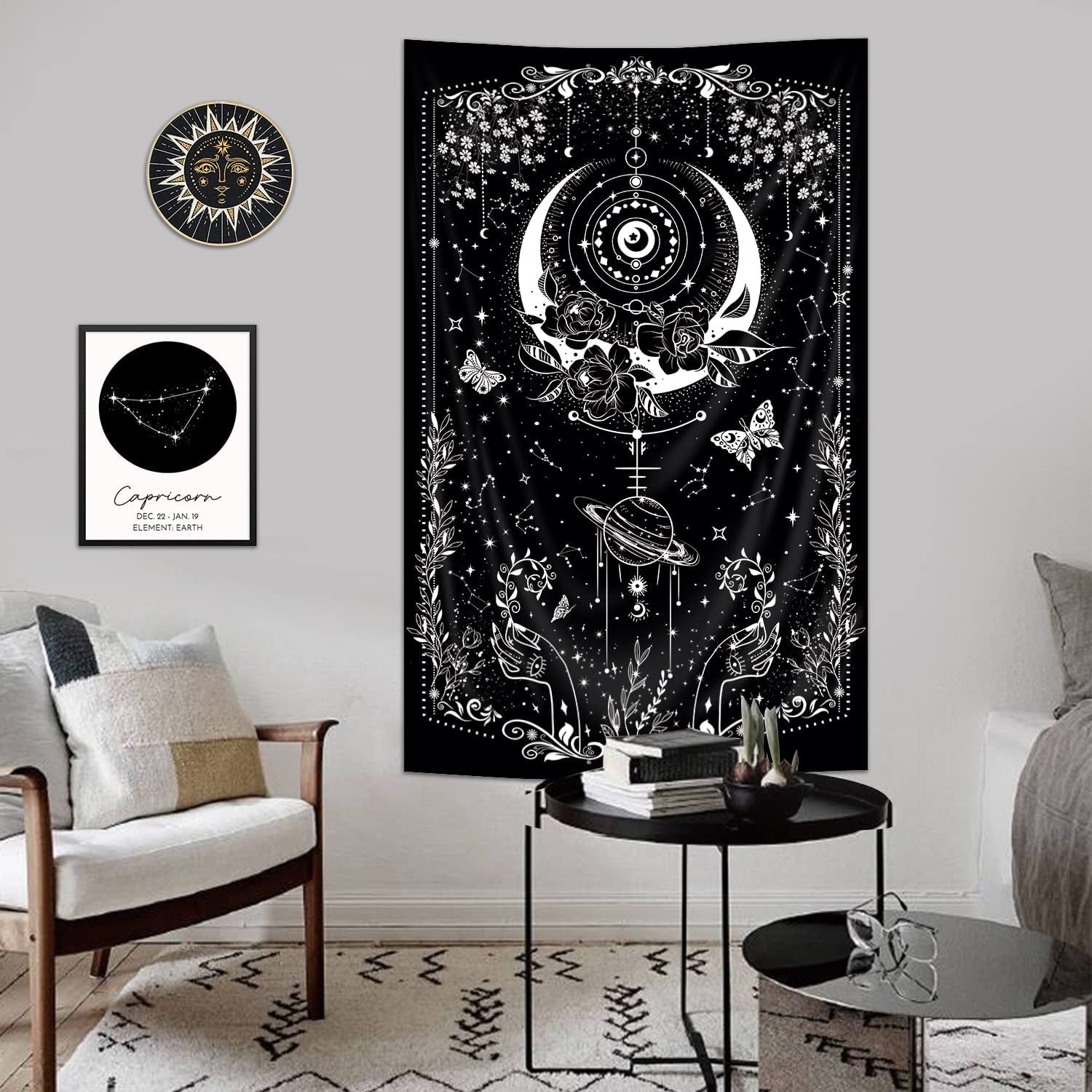 Gothic Tapestry Goth Vertical 30Wx50H Inch Wiccan Moon Floral Black White Witch Psychedelic Stars Mystic Bohemian Aesthetic Planet Celestial Wall Hanging Bedroom Living Room Wall Home Decor