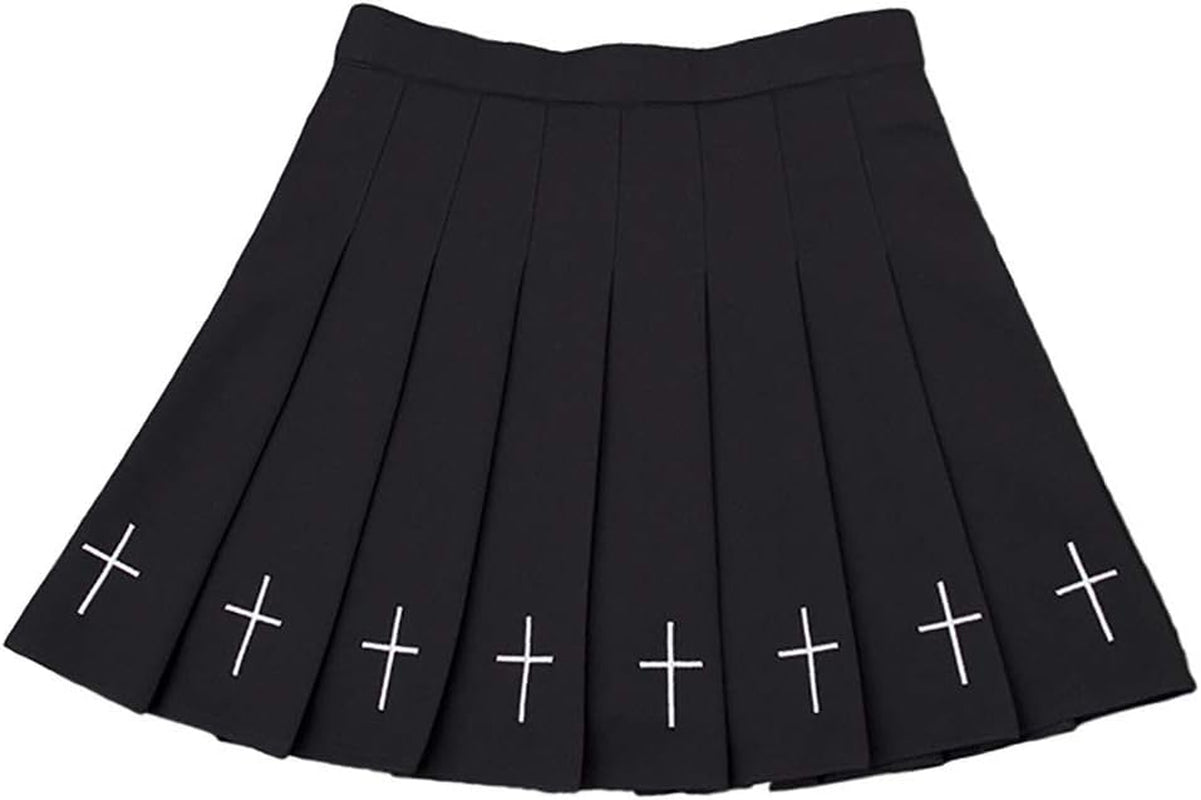 Women'S Kpop Fashion Pleated Mini Skirt Gothic Punk Black Cross Embroidery Skirt