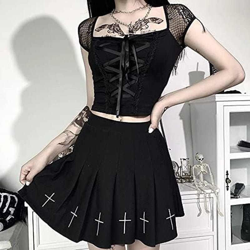 Women'S Kpop Fashion Pleated Mini Skirt Gothic Punk Black Cross Embroidery Skirt