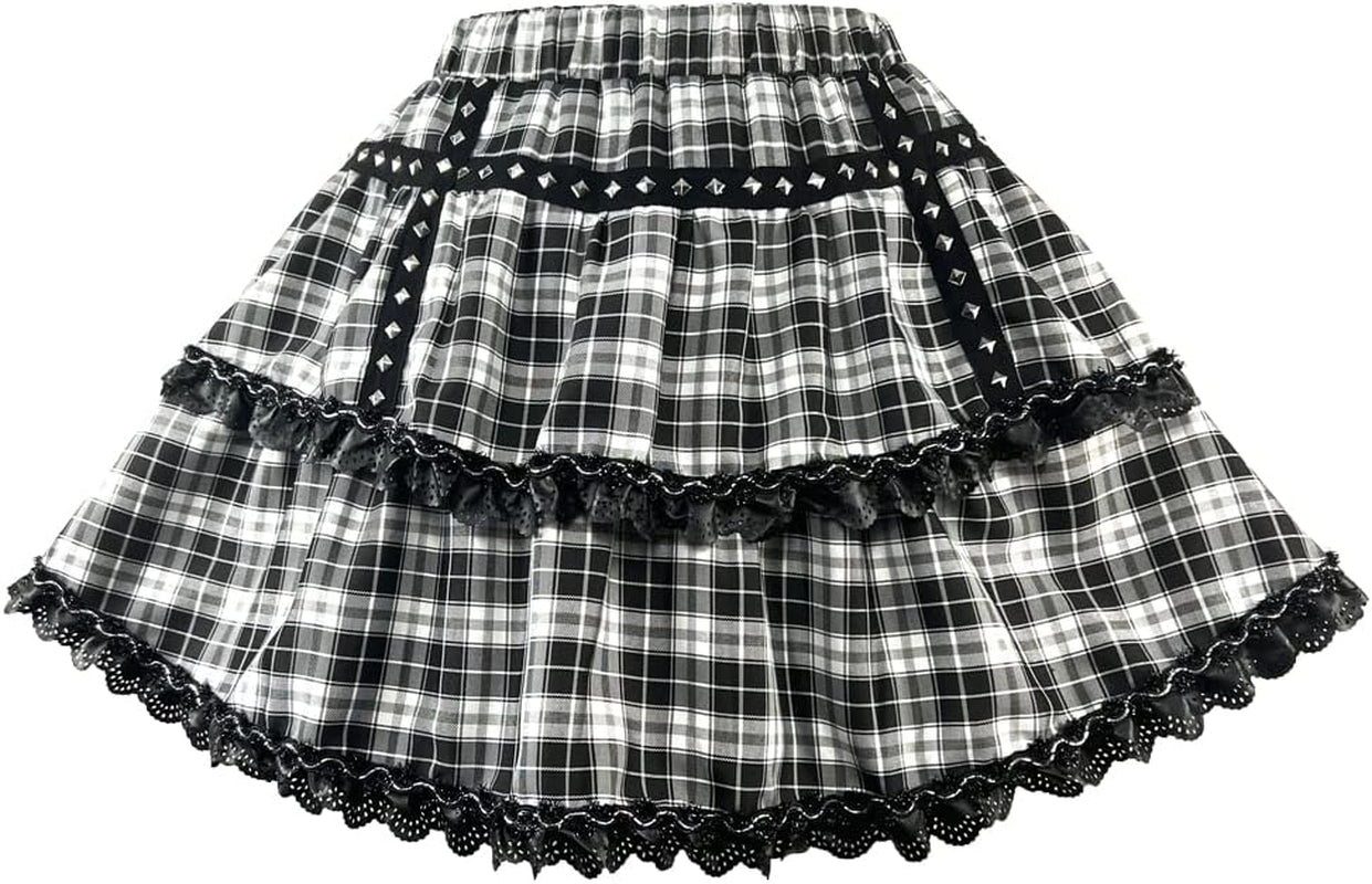 Women plus Size Goth Skirt,Punk Lace Rivet Skirt, Double Layer High Waisted Mini Skirt (Large, Black and White)