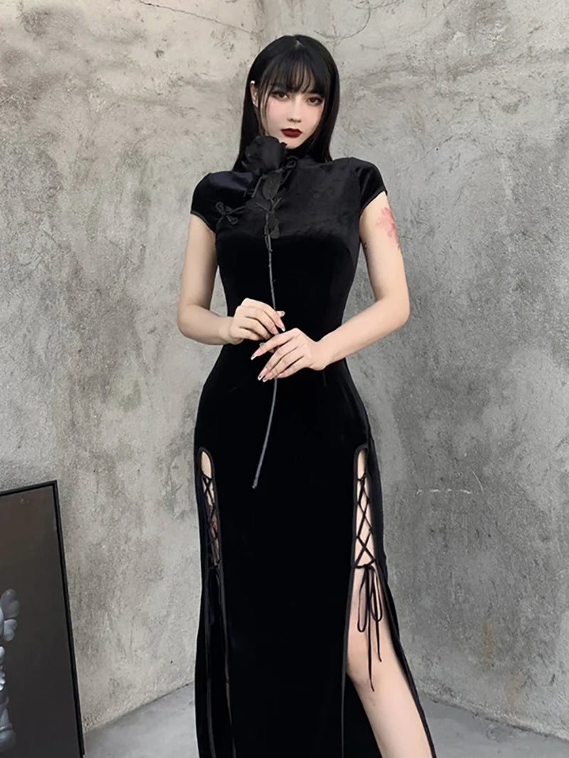 Romantic Gothic Velvet Aesthetic Dresses Vintage Women Black Bandage Slithem Bodycon Dress Sexy Evening Wear Cheongsam