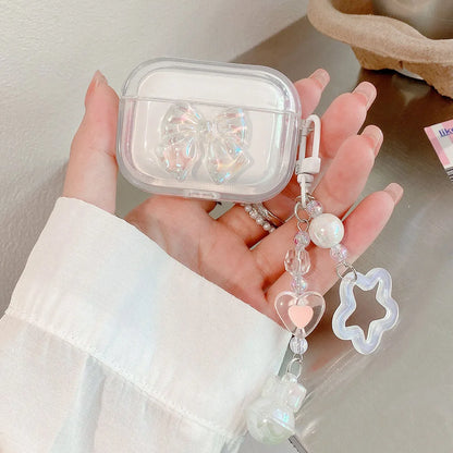 Korean Clear Bow Knot Star Bell Keychain Case for Airpods Pro 2 Earphone Charging Box Bag Cover for Airpod 1/2/3/4 Soft Shell